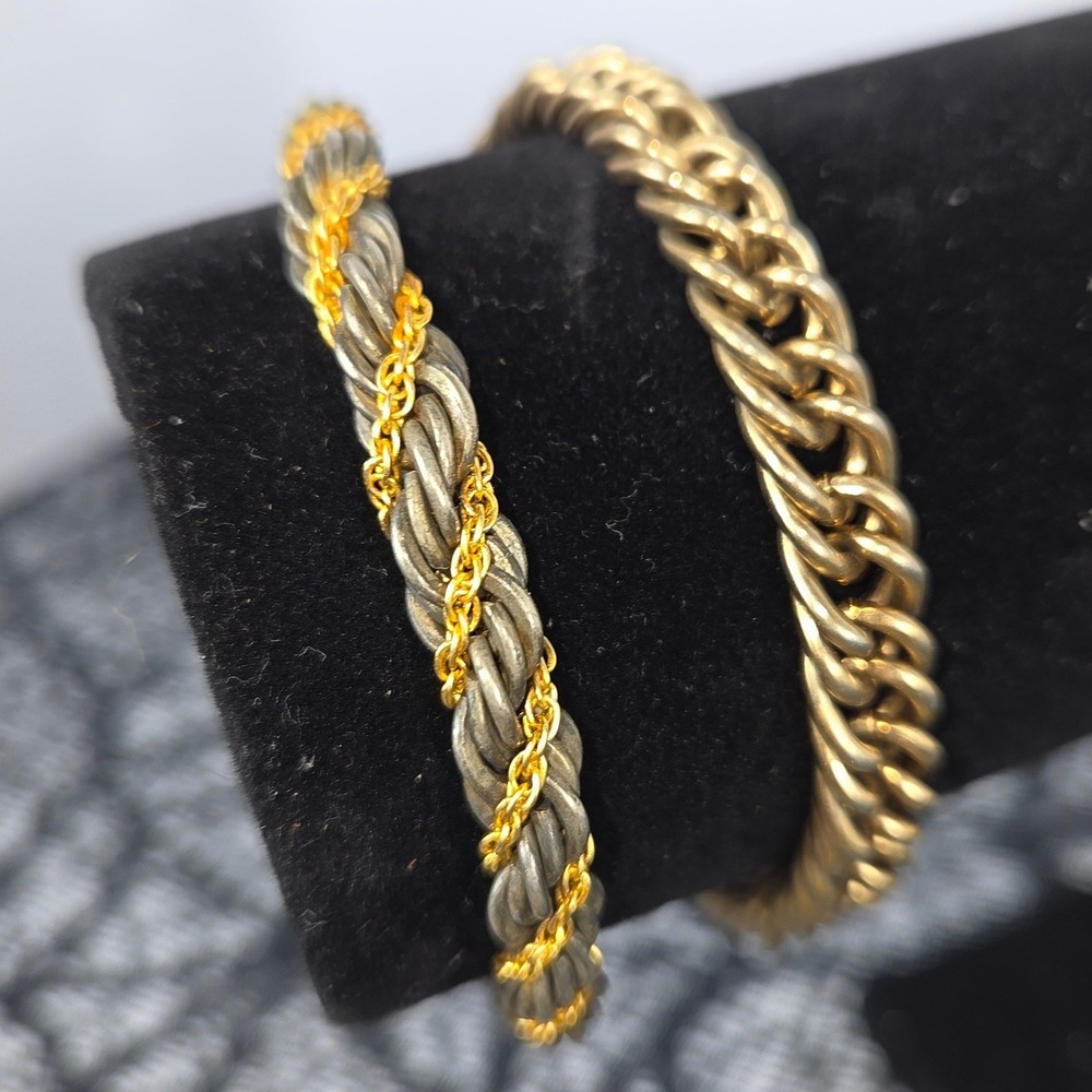 Vtg Style Gold Tone Curb Chain and Mixed Metal Twisted Rope Bracelet Set 2pc
